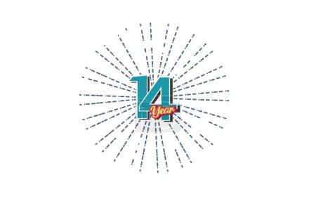 Ilustración de 14 Años número de color azul aniversario con líneas detrás sobre fondo blanco para la tarjeta, papel pintado, tarjeta de felicitación, cartel. Ilustración vectorial - Imagen libre de derechos