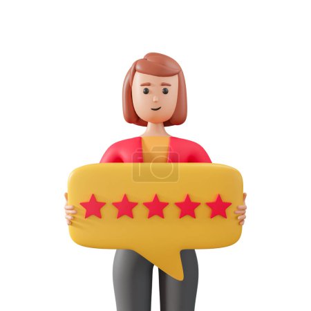 3d woman character holding text bubble with 5 stars sign. 3d illustration of female character holding 5 stars rating text bubble