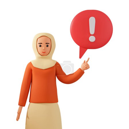 Photo for 3d muslim woman character in hijab pointing to exclamation mark in speech bubble. Warning concept with muslim woman showing exclamation mark in speech bubble - Royalty Free Image