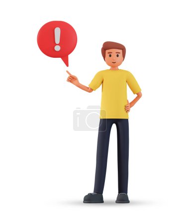 Photo for 3d man character pointing to exclamation mark in speech bubble. Warning concept with young man showing exclamation mark in speech bubble - Royalty Free Image