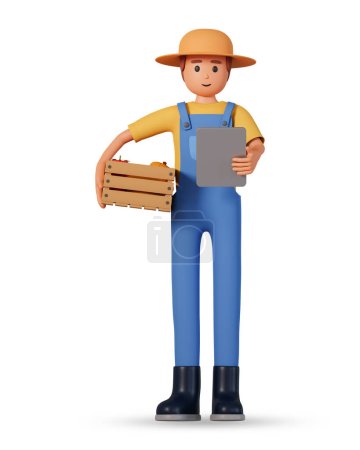 Farmer in overalls, hat and rubber boots hold wooden box with vegetables in one hand and tablet in other front view 3d illustration. 3d illustration of gardener man wooden box and tablet