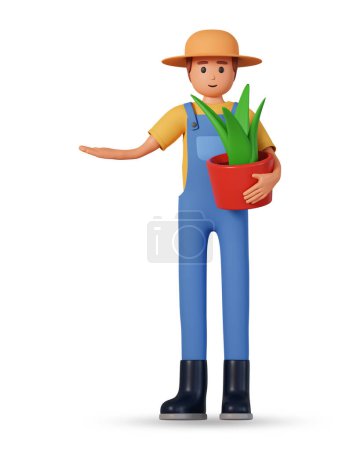 Bauer in Overalls, Hut und Gummistiefeln hält Topfpflanze in der Hand und zeigt etwas mit einer 3D-Illustration von der Vorderseite. 3D-Illustration eines Gärtners, der mit Pflanze steht und zur Seite zeigt