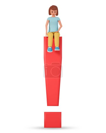 Photo for Young woman sit at the top of a big exclamation mark 3d illustration isolated on white background. Creative concept with adult girl sitting on giant exclamation mark - Royalty Free Image
