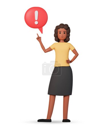Photo for 3d african american woman character pointing at exclamation mark in speech bubble. Warning concept with african woman showing exclamation mark in speech bubble - Royalty Free Image