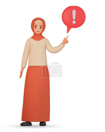 Photo for 3d muslim woman character in hijab pointing to exclamation mark in speech bubble. Warning concept with muslim woman showing exclamation mark in speech bubble - Royalty Free Image