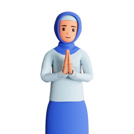 Muslim woman in hijab stand full length and shows greeting gesture 3d illustration