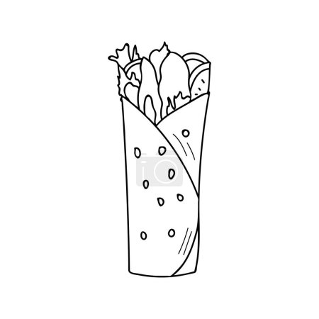 Ilustración de Rollo de pollo doodle ilustración en vector. Shawarma garabato ilustración. Rollo de pollo ilustración dibujada a mano en vector. - Imagen libre de derechos