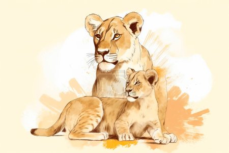 Mammal Illustration. Lioness with her cub