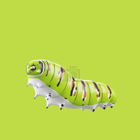 Photo for Cartoon 3D model fat caterpillar green and white with yellow and black pattern Cartoons enhance children's learning 3D rendering worm illustration with clipping path isolated on green background - Royalty Free Image