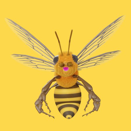 Photo for Model for a bee with bright smiling face isolated on yellow background 3D cartoon character for a bee with hair on face and body with yellow and brown 3D illustration. - Royalty Free Image