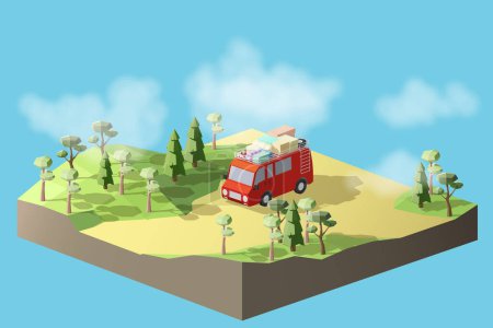Photo for Red holiday travel van or vacation van on forest landscape with trees and clouds in sky isolated on blue background Low-ply Isometric design 3D vector illustration - Royalty Free Image