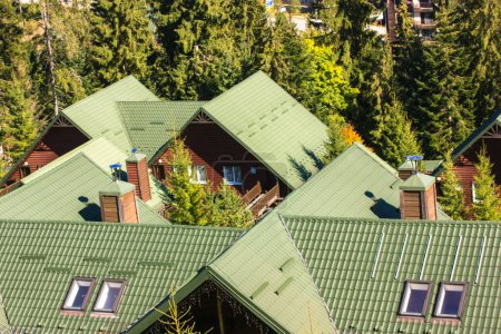 Foto de Wooden chimney on green tiled roof of residential private suburban house among green trees in coniferous wood. Brick pipes roofs of one-story, two-story houses view from above. Summer travel concept. - Imagen libre de derechos
