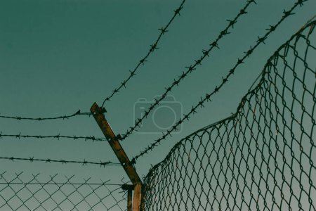 Barbed wire against a blue sky. Imprisonment, prison, unfreedom, repression concept. Private property, plant area protected by metal bars, fence, border Abstract background for a detective book cover.