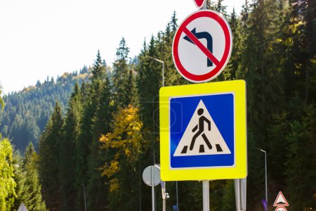A road danger sign in green forest, park. Regulated crosswalk sign and arrow prohibiting cars turning left. Safety on the road. Message information for the drivers. Traffic sign in spruce fir wood.