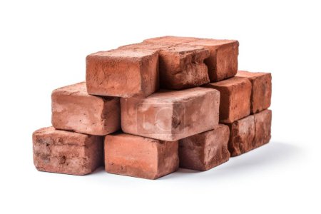 Photo for Red bricks, brick wall, masonry isolated on white background. Solid clay bricks used for construction. - Royalty Free Image