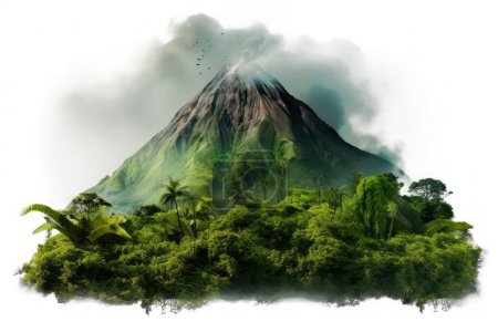 Foto de Erupción del volcán rodeada de bosque verde, aislada sobre fondo transparente - Imagen libre de derechos