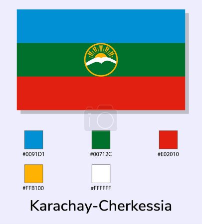 Illustration for Vector Illustration of Karachay-Cherkessia flag isolated on light blue background. Karachay-Cherkessia flag with Color Codes. As close as possible to the original. ready to use, easy to edit. - Royalty Free Image
