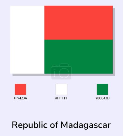 Illustration for Vector Illustration of Republic of Madagascar flag isolated on light blue background. Illustration Republic of Madagascar flag with Color Codes. As close as possible to the original. - Royalty Free Image