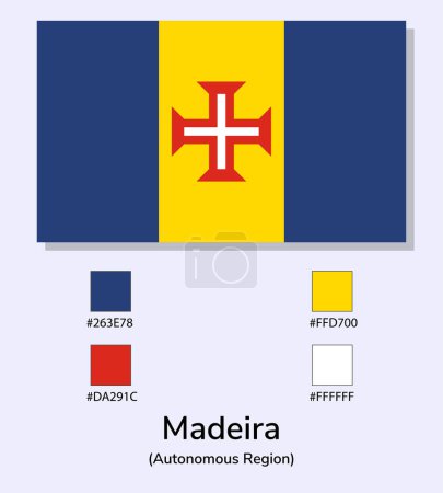 Ilustración de Vector Ilustración de la bandera de Madeira aislada sobre fondo azul claro. Ilustración Bandera de Madeira con códigos de color. Lo más cerca posible del original. listo para usar, fácil de editar. - Imagen libre de derechos