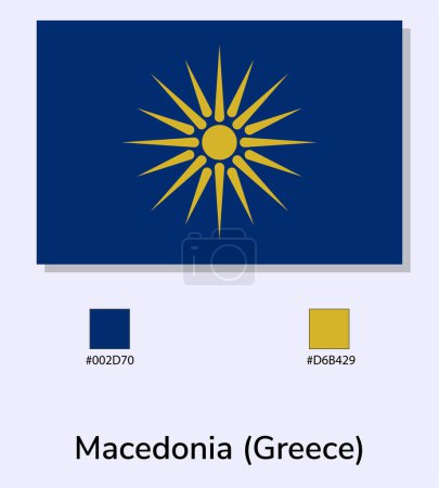 Illustration for Vector Illustration of Macedonia (Greece) flag isolated on light blue background. Illustration Macedonia (Greece) flag with Color Codes. As close as possible to the original. - Royalty Free Image