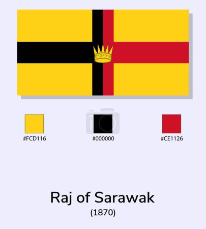 Illustration for Vector Illustration of Raj of Sarawak (1870) flag isolated on light blue background. Raj of Sarawak (1870) flag with Color Codes. As close as possible to the original. - Royalty Free Image