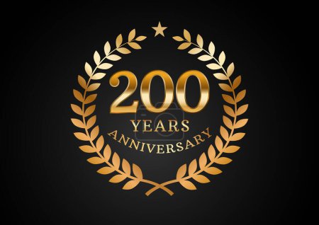 Illustration for Vector graphic of Anniversary celebration background. 200 years golden anniversary logo with laurel wreath on black background. Good design for wedding party event, birthday, invitation, etc - Royalty Free Image