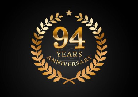 Illustration for Vector graphic of Anniversary celebration background. 94 years golden anniversary logo with laurel wreath on black background. Good design for wedding party event, birthday, invitation, brochure, etc - Royalty Free Image