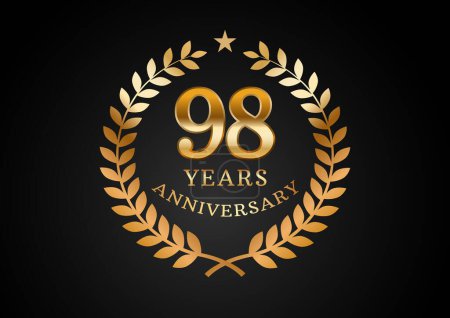 Illustration for Vector graphic of Anniversary celebration background. 98 years golden anniversary logo with laurel wreath on black background. Good design for wedding party event, birthday, invitation, brochure, etc - Royalty Free Image