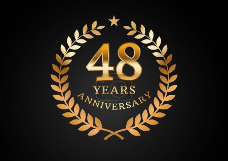 Illustration for Vector graphic of Anniversary celebration background. 48 years golden anniversary logo with laurel wreath on black background. Good design for wedding party event, birthday, invitation, brochure, etc - Royalty Free Image