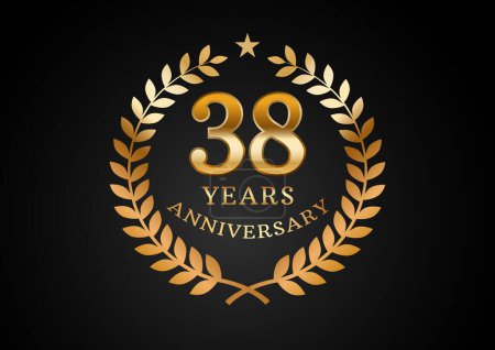 Illustration for Vector graphic of Anniversary celebration background. 38 years golden anniversary logo with laurel wreath on black background. Good design for wedding party event, birthday, invitation, brochure, etc - Royalty Free Image