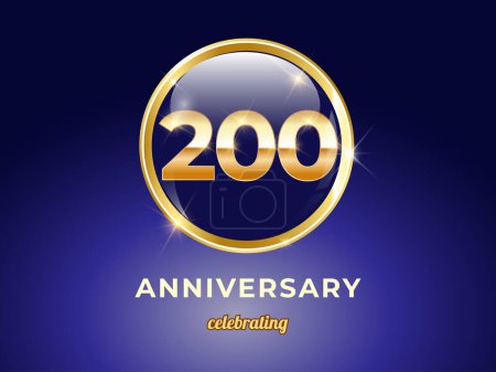 Illustration for Vector graphic of 200 years golden anniversary logo with round blue glossy button with gold ring frame on blue gradient background. Good design for Congratulation celebration event, birthday, etc. - Royalty Free Image