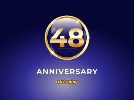 Illustration for Vector graphic of 48 years golden anniversary logo with round blue glossy button with gold ring frame on dark blue gradient background. Good design for Congratulation celebration event, birthday, etc. - Royalty Free Image