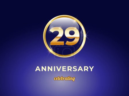 Photo for Vector graphic of 29 years golden anniversary logo with round blue glossy button with gold ring frame on dark blue gradient background. Good design for Congratulation celebration event, birthday, etc. - Royalty Free Image
