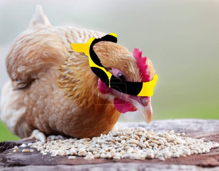 Foto de Un pollo con venda y símbolo para ciegos, vendas - Imagen libre de derechos