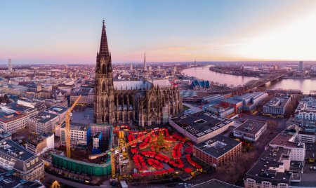 Photo for Cologne Germany Christmas market, aerial drone view over Cologne rhine river Germany Cathedral during Christmas in December - Royalty Free Image