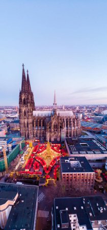 Photo for Cologne Germany Christmas market, aerial drone view over Cologne rhine river Germany Cathedral during Christmas - Royalty Free Image