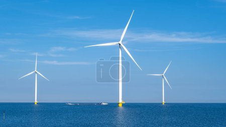 Photo for Aerial view at Windmill park with windmills turbines in the Netherlands, drone view at windmill park - Royalty Free Image