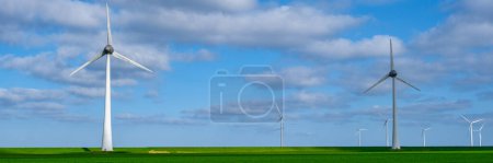 Photo for Aerial view at Windmill park with windmills turbines during winter huge wind mill turbines - Royalty Free Image