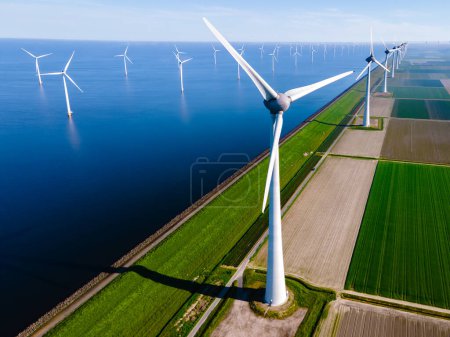 Photo for Aerial view at Windmill park with windmills turbines during winter huge wind mill turbines - Royalty Free Image