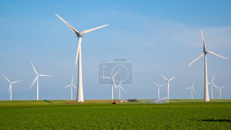Foto de Parque de molinos de viento con turbinas de molinos de viento en los Países Bajos y cielo azul - Imagen libre de derechos