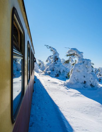 Téléchargez les photos : Train à vapeur pendant l'hiver dans la neige dans le parc national du Harz Allemagne, vue de la fenêtre Train à vapeur Brocken Bahn sur le chemin à travers le paysage hivernal, Brocken, Harz Allemagne - en image libre de droit