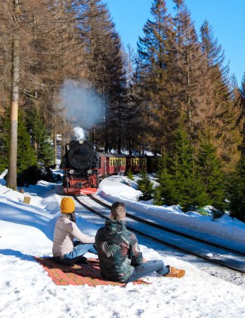 Téléchargez les photos : Quelques hommes et femmes regardant le train à vapeur pendant l'hiver dans la neige dans le parc national du Harz Allemagne, - en image libre de droit