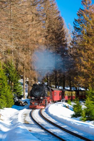Foto de Tren de vapor durante el invierno en la nieve en el parque nacional de Harz Alemania, Tren de vapor Brocken Bahn en el camino a través del paisaje de invierno, Brocken, Harz Alemania - Imagen libre de derechos