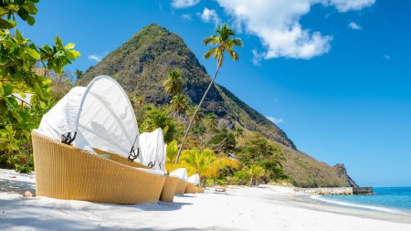 Téléchargez les photos : Sugar beach Sainte-Lucie, une plage tropicale publique blanche avec palmiers et chaises longues de luxe sur la plage de l'île Sainte-Lucie Caraïbes - en image libre de droit