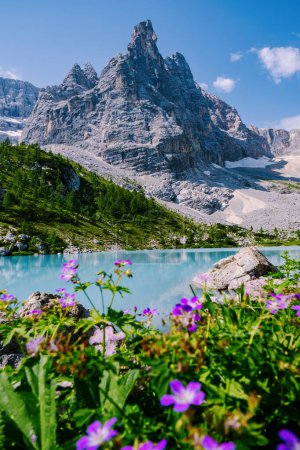Photo for Morning with clear sky on Lago di Sorapis in the Italian Dolomites, milky blue lake Lago di Sorapis, Lake Sorapis, Dolomites, Italy during summer - Royalty Free Image