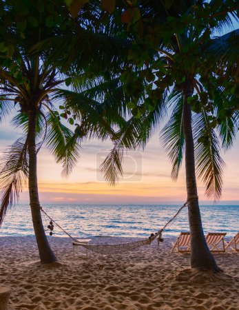 Photo for Hammock and beach chairs on the beach with palm trees during sunset at Na Jomtien Beach Pattaya Thailand. - Royalty Free Image