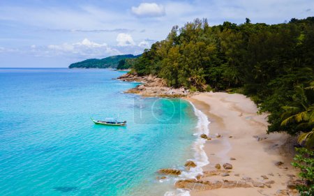 Photo for Drone aerial view at Banana beach with palm trees in Phuket Thailand. Banana Beach Phuket on a sunny day - Royalty Free Image