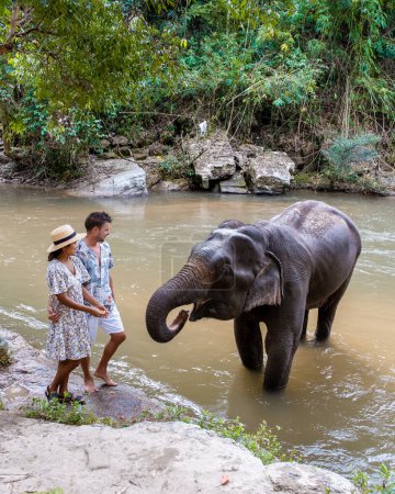 Téléchargez les photos : A couple visiting an Elephant sanctuary in Chiang Mai Thailand, an Elephant farm in the mountains jungle of Chiang Mai Thailand. - en image libre de droit