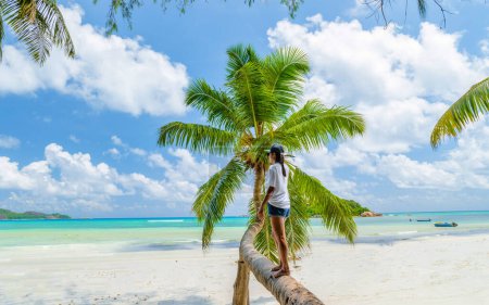 Junge Frau an einer Palme an einem weißen tropischen Strand mit türkisfarbenem Meer Anse Volbert Strand Praslin Tropical Seychelles Islands. Strand von Cote Dor