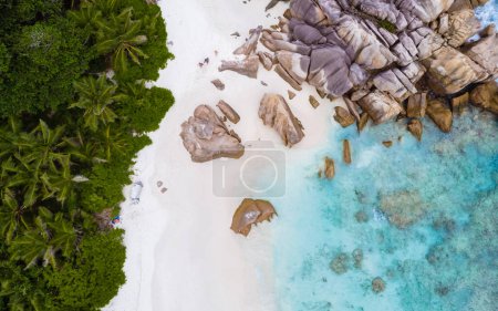 Foto de Drone view from above at Anse Lazio beach Praslin Island Seychelles. - Imagen libre de derechos